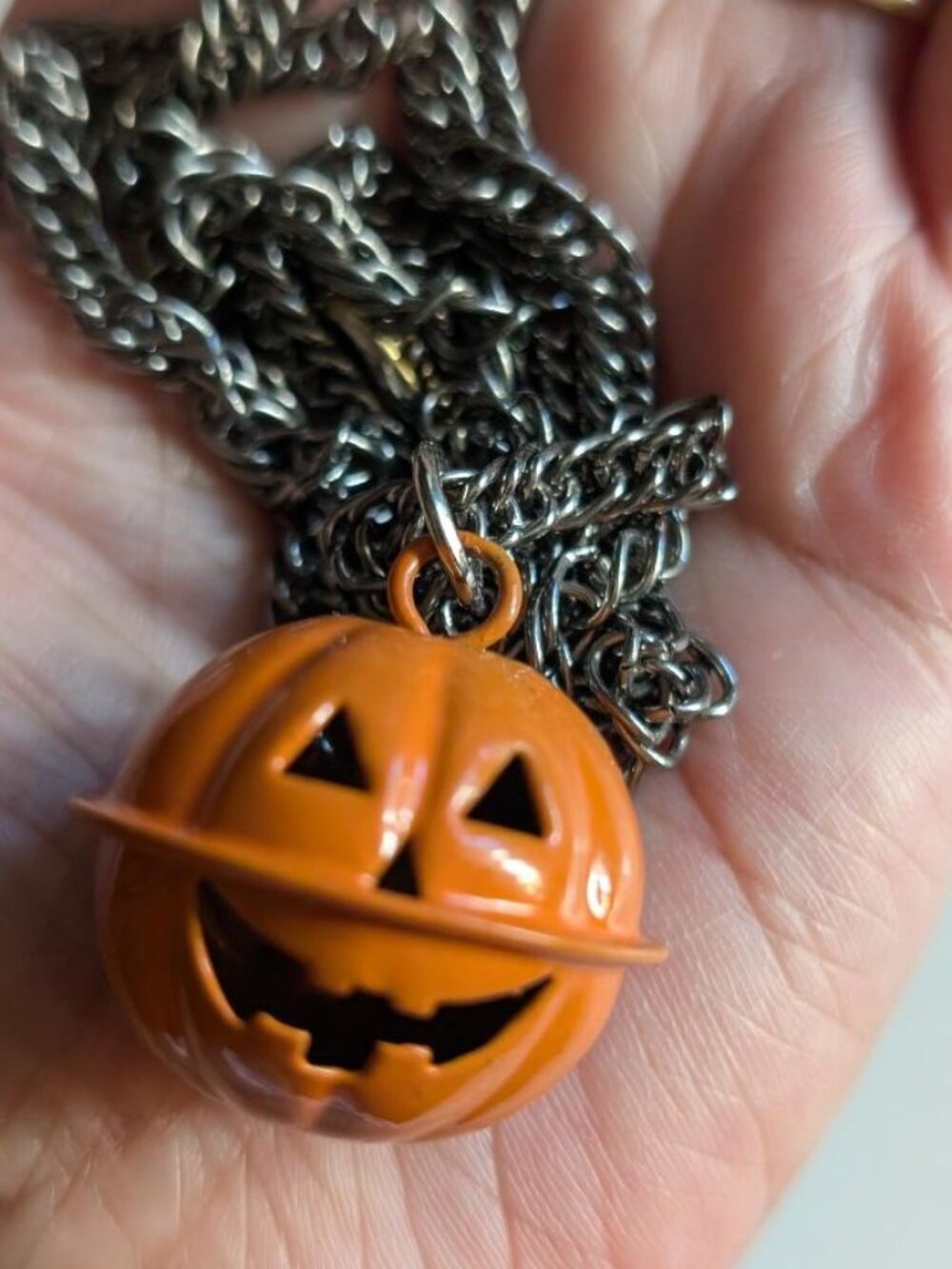 Large Vintage Halloween Metal Orange Jack-o-Lantern Pumkin Bell Pendant Necklace